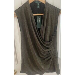 NWT Lauren Ralph Lauren Blouse L Sleaveless V-Neck gold Metallic  stretchy Top